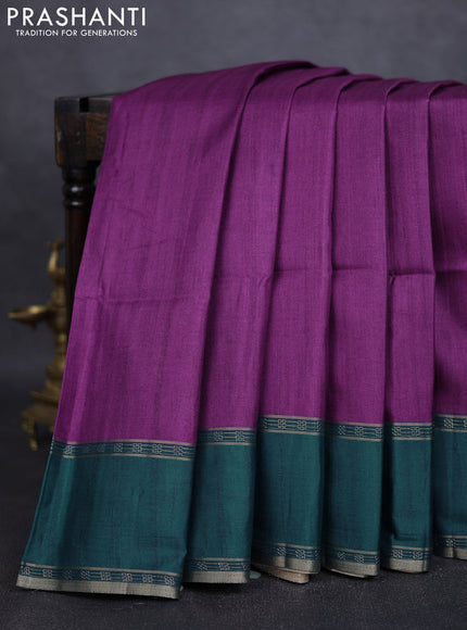 Art tussar saree purple and peacock green with plain body and rettapet zari woven border