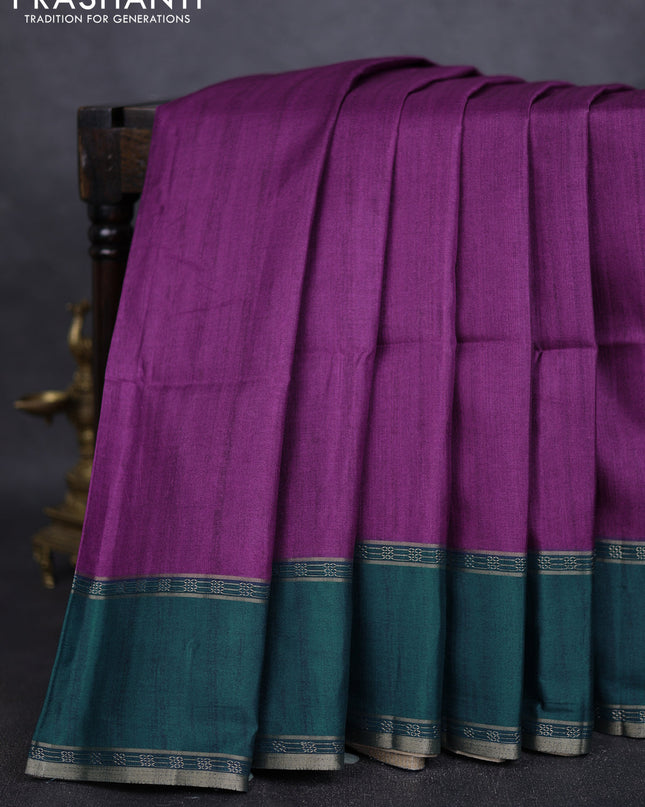 Art tussar saree purple and peacock green with plain body and rettapet zari woven border