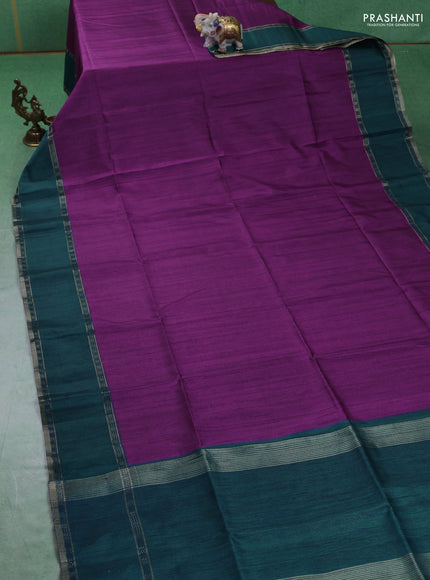 Art tussar saree purple and peacock green with plain body and rettapet zari woven border