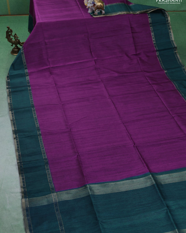 Art tussar saree purple and peacock green with plain body and rettapet zari woven border