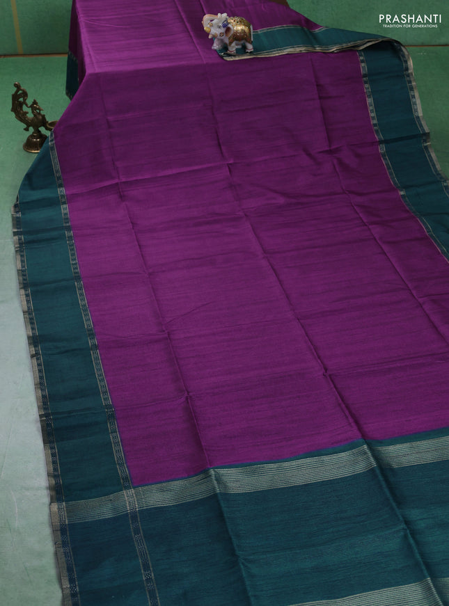 Art tussar saree purple and peacock green with plain body and rettapet zari woven border