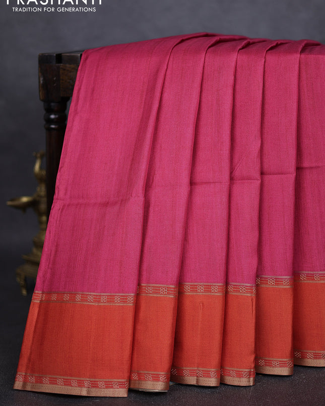 Art tussar saree pink and orange with plain body and rettapet zari woven border