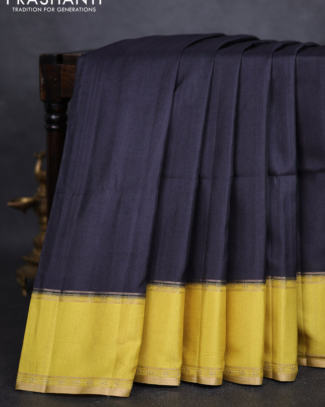 Art tussar saree black and lime yellow with plain body and rettapet zari woven border