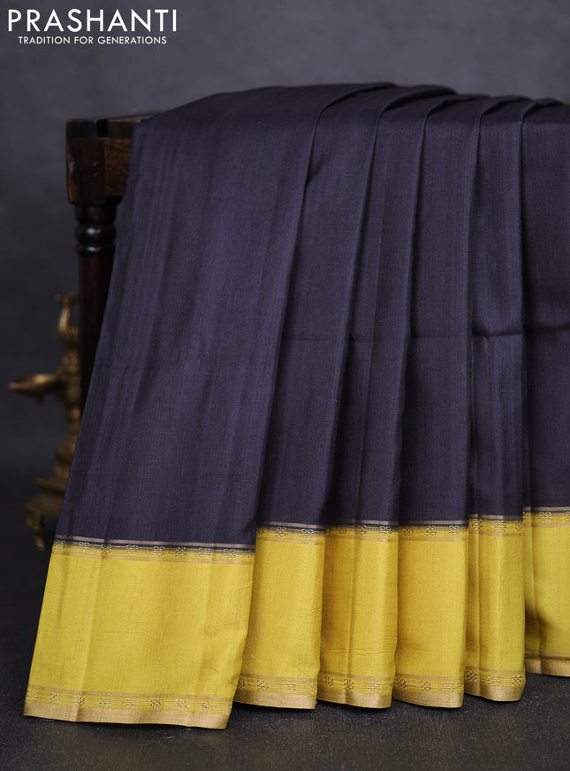Art tussar saree black and lime yellow with plain body and rettapet zari woven border