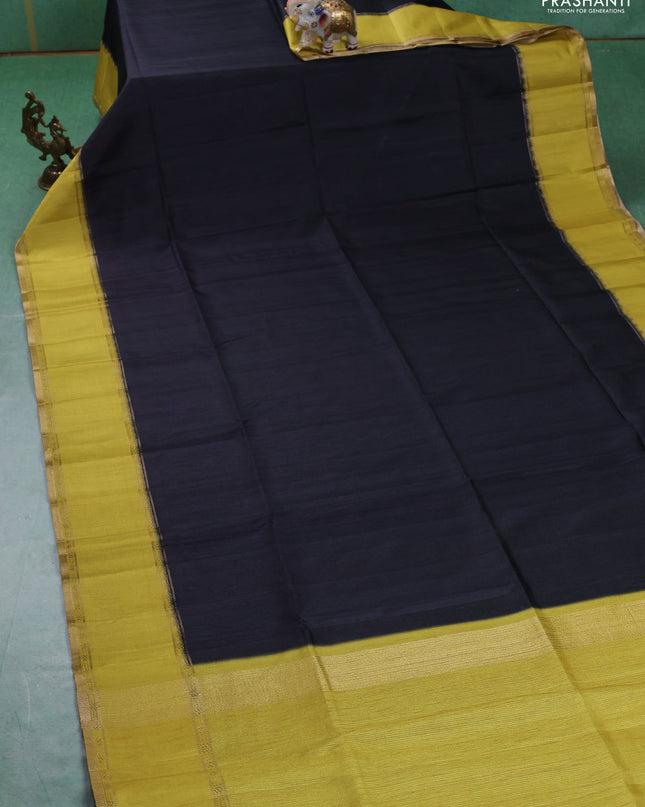 Art tussar saree black and lime yellow with plain body and rettapet zari woven border