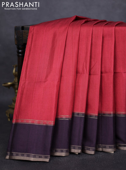 Art tussar saree red and deep jamun with plain body and rettapet zari woven border