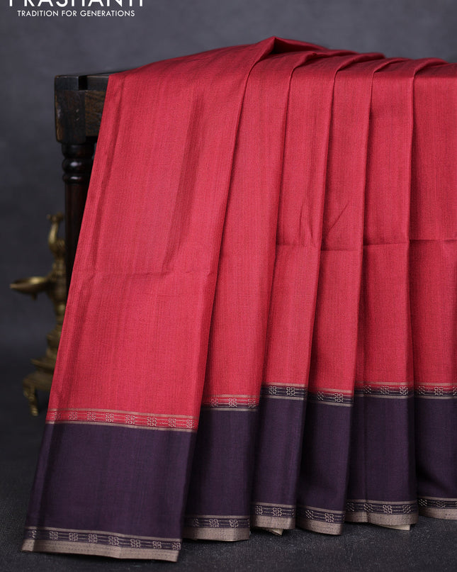 Art tussar saree red and deep jamun with plain body and rettapet zari woven border