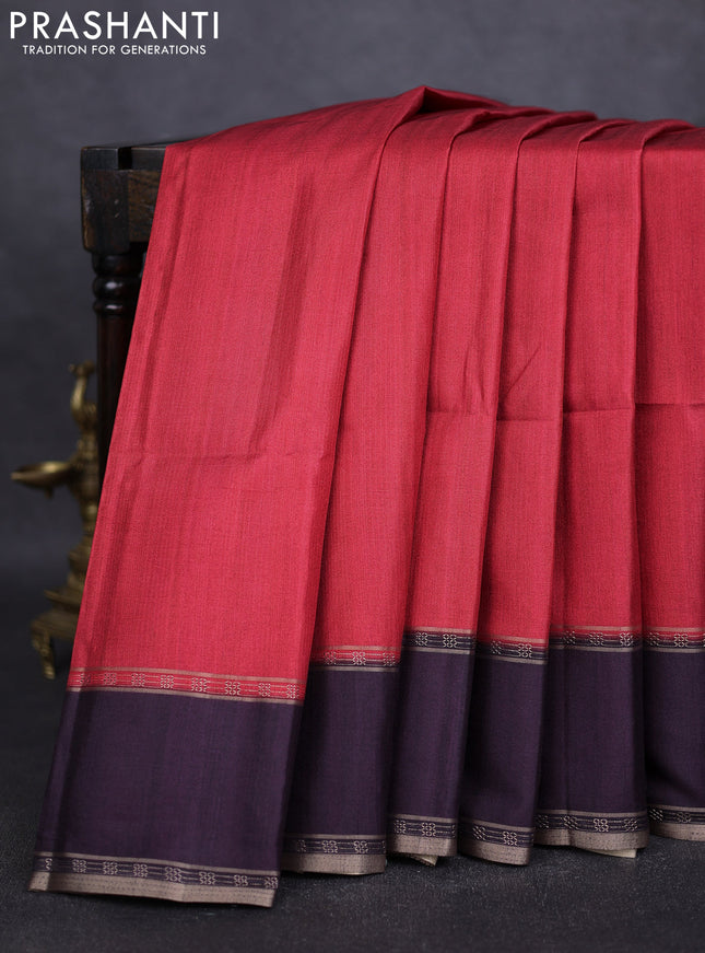 Art tussar saree red and deep jamun with plain body and rettapet zari woven border