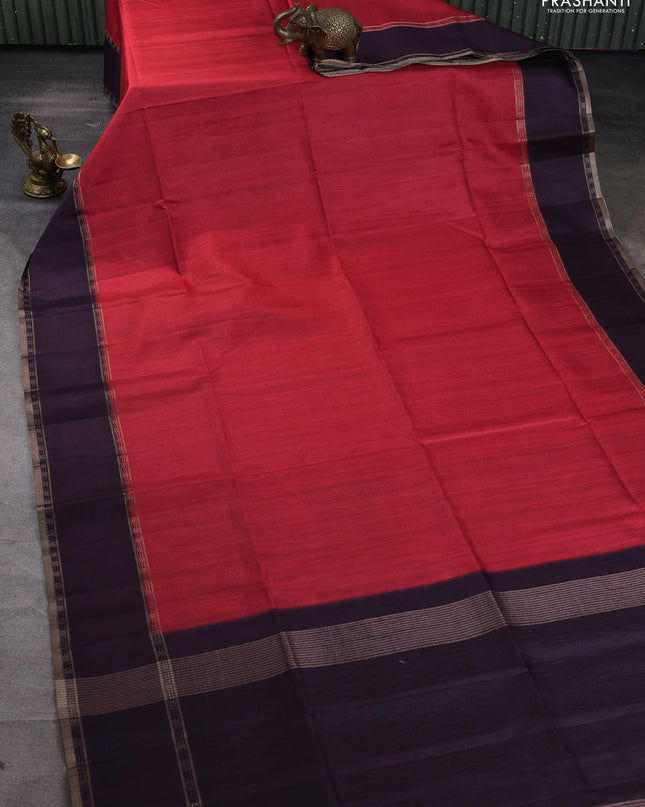 Art tussar saree red and deep jamun with plain body and rettapet zari woven border