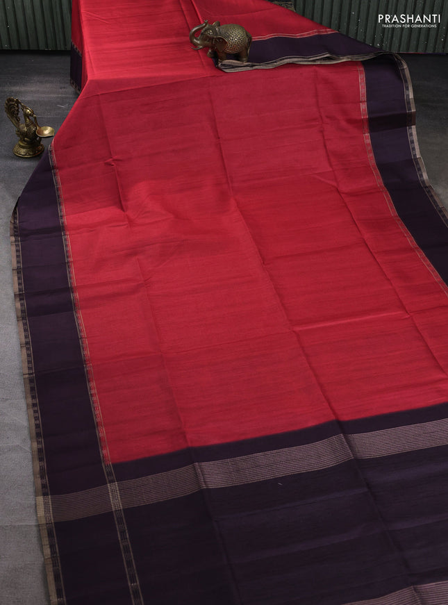 Art tussar saree red and deep jamun with plain body and rettapet zari woven border