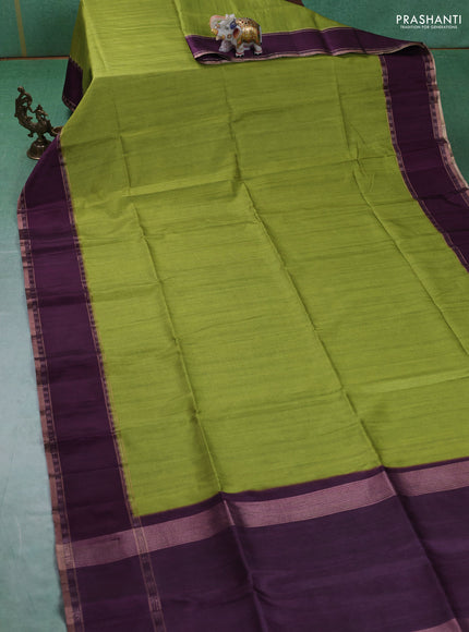 Art tussar saree light green and deep purple with plain body and rettapet zari woven border