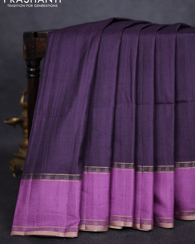 Art tussar saree deep jamun and lavender with plain body and rettapet zari woven border