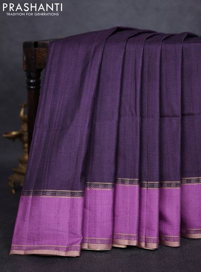 Art tussar saree deep jamun and lavender with plain body and rettapet zari woven border
