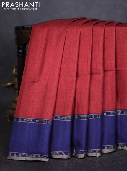 Art tussar saree red and blue with plain body and rettapet zari woven border