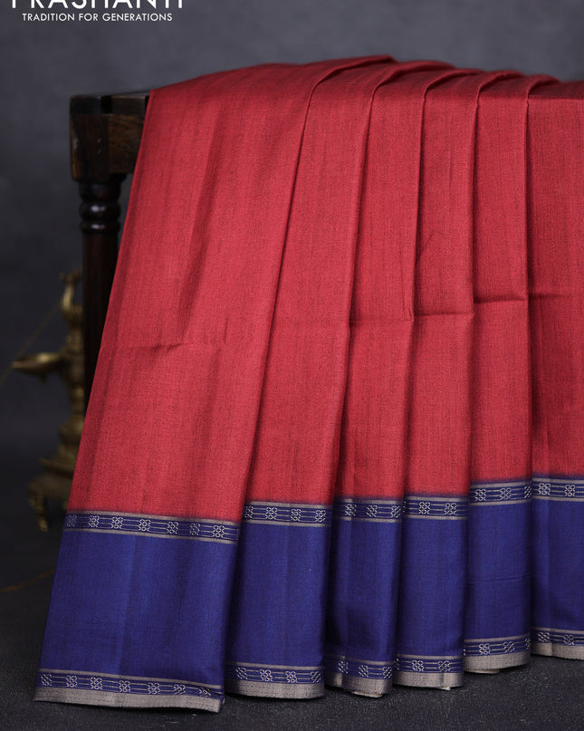 Art tussar saree red and blue with plain body and rettapet zari woven border
