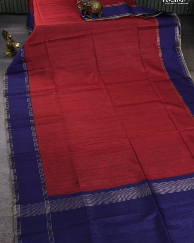 Art tussar saree red and blue with plain body and rettapet zari woven border
