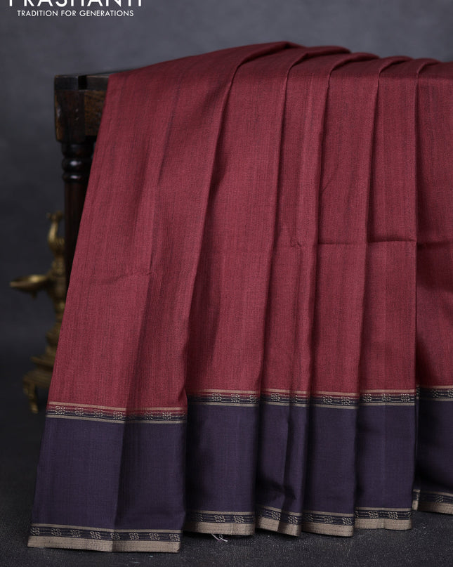 Art tussar saree maroon and navy blue with plain body and rettapet zari woven border