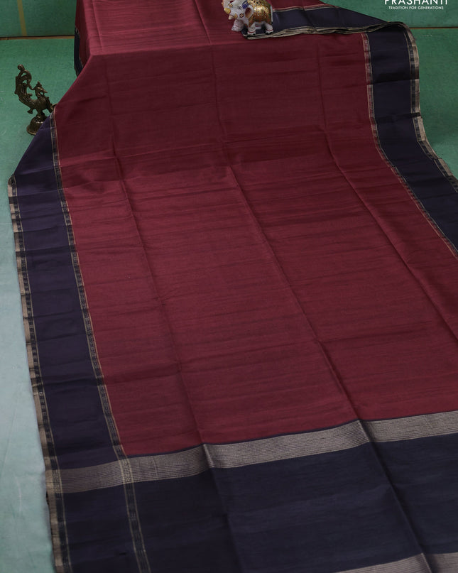 Art tussar saree maroon and navy blue with plain body and rettapet zari woven border
