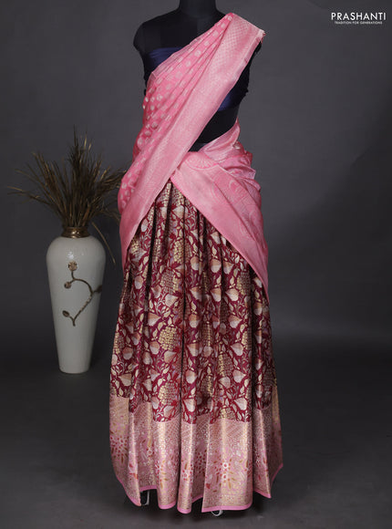 Pure kanchipuram unstitched silk lehenga maroon and light pink with allover zari woven brocade weaves and long rich zari woven border