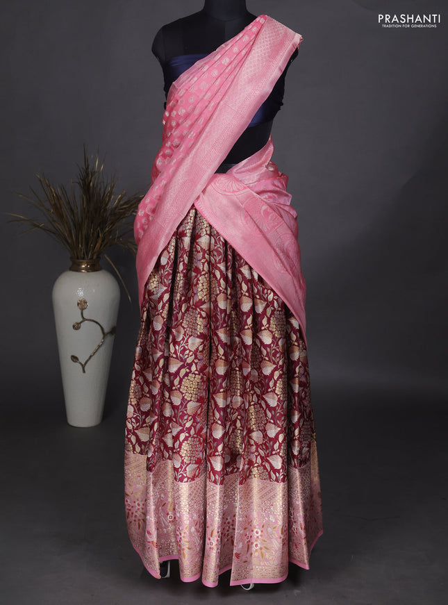 Pure kanchipuram unstitched silk lehenga maroon and light pink with allover zari woven brocade weaves and long rich zari woven border