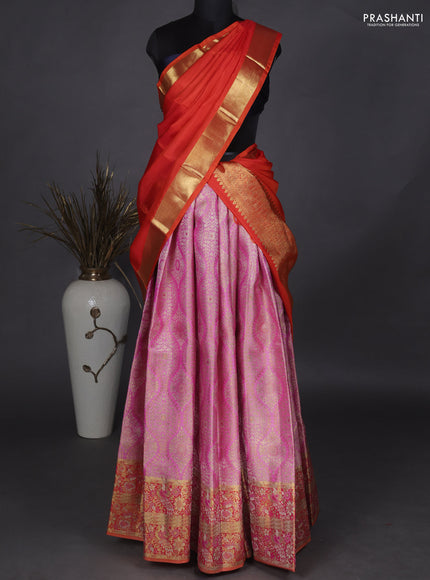 Pure kanchipuram unstitched silk lehenga pink and orange with allover zari woven brocade weaves and long rich zari woven border