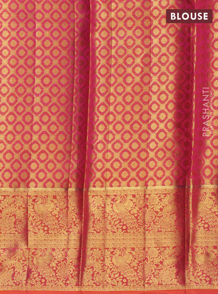 Pure kanchipuram unstitched silk lehenga pink and orange with allover zari woven brocade weaves and long rich zari woven border