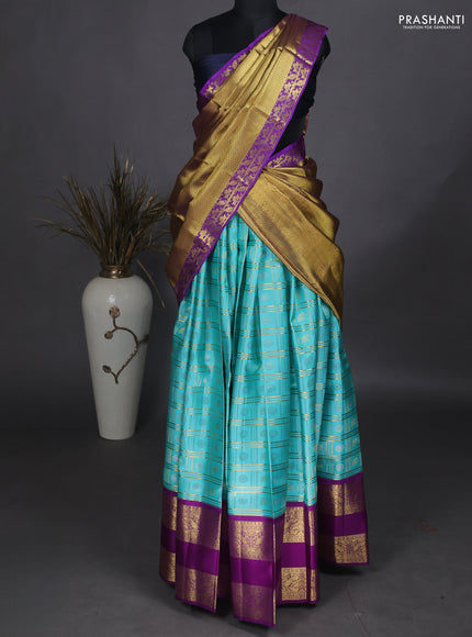 Pure kanchipuram unstitched silk lehenga teal blue and purple with allover zari checks & silver zari buttas and rettapet zari woven border