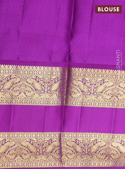 Pure kanchipuram unstitched silk lehenga teal blue and purple with allover zari checks & silver zari buttas and rettapet zari woven border