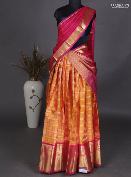 Pure kanchipuram unstitched silk  lehenga mustard yellow and pink with allover zari checks & buttas and long annam zari woven border