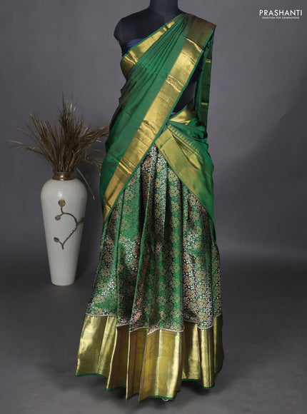 Pure kanchipuram unstitched silk  lehenga green with allover silver zari woven brocade weaves and long annam zari woven border
