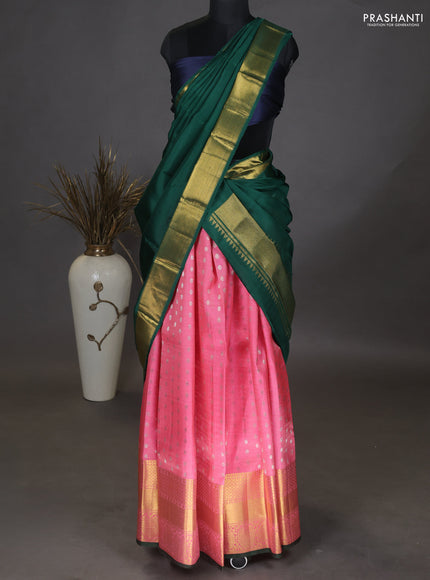 Pure kanchipuram unstitched silk lehenga peach pink and green with allover zari checks & buttas and long zari woven border
