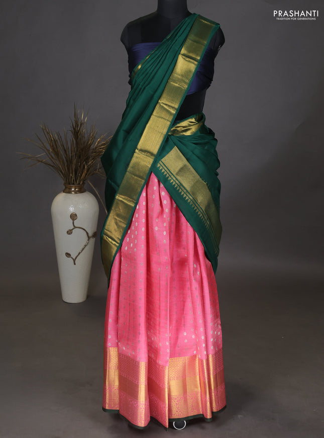 Pure kanchipuram unstitched silk lehenga peach pink and green with allover zari checks & buttas and long zari woven border