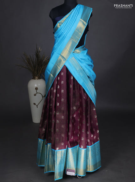 Pure kanchipuram unstitched silk  wine shade and light blue with allover zari checks & buttas and long zari woven border