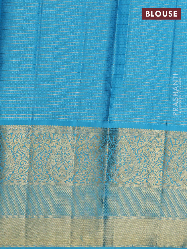 Pure kanchipuram unstitched silk  wine shade and light blue with allover zari checks & buttas and long zari woven border