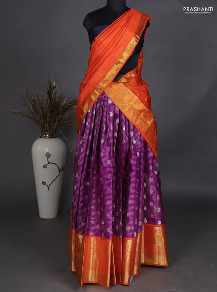 Pure kanchipuram unstitched silk  lehenga purple and orange with allover zari checks & buttas and long zari woven border
