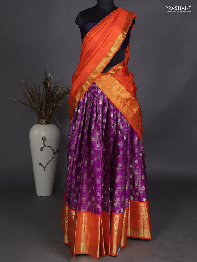 Pure kanchipuram unstitched silk  lehenga purple and orange with allover zari checks & buttas and long zari woven border