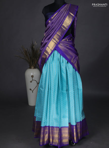 Pure kanchipuram unstitched silk lehenga light blue and blue with allover zari woven buttas and zari woven border