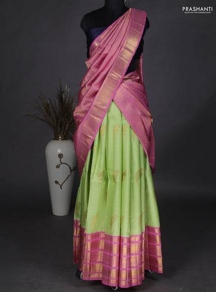 Pure kanchipuram unstitched silk lehenga light green and pastel pink with plain body and zari woven border
