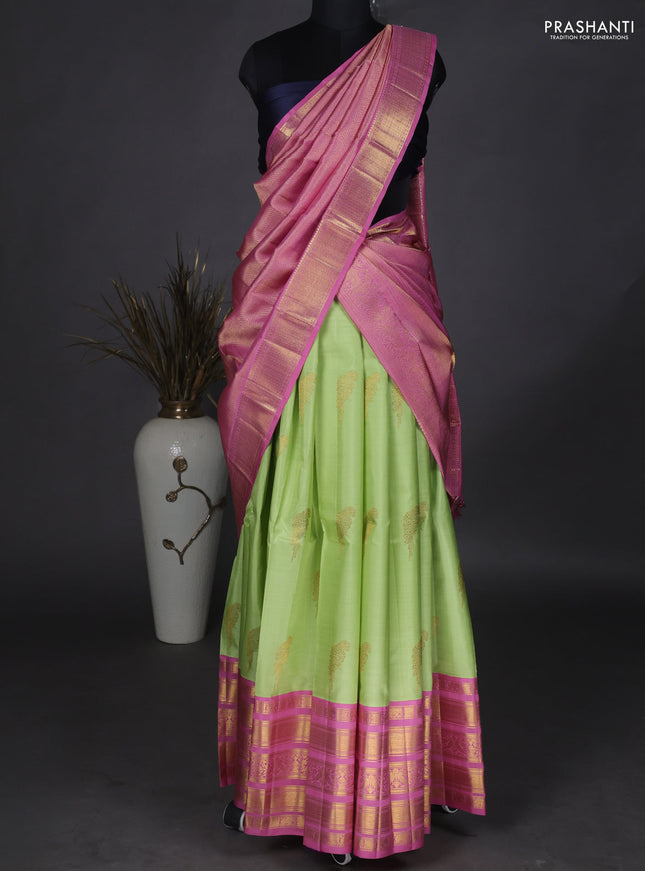 Pure kanchipuram unstitched silk lehenga light green and pastel pink with plain body and zari woven border