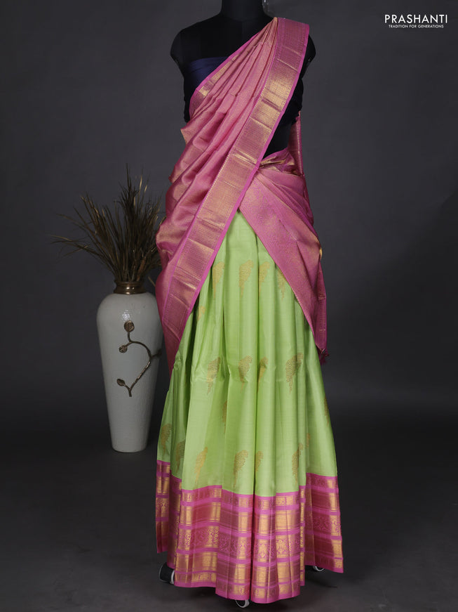 Pure kanchipuram unstitched silk lehenga light green and pastel pink with plain body and zari woven border