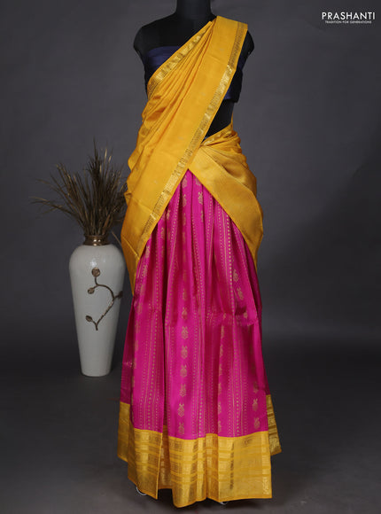 Pure kanchipuram unstitched silk lehenga pink and mustard yellow with allover zari weaves and zari woven border