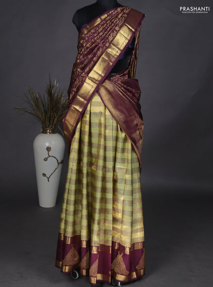 Pure Tissue kanchipuram unstitched silk lehenga pista green and wine shade with allover zari weaves and rettapet zari woven butta border