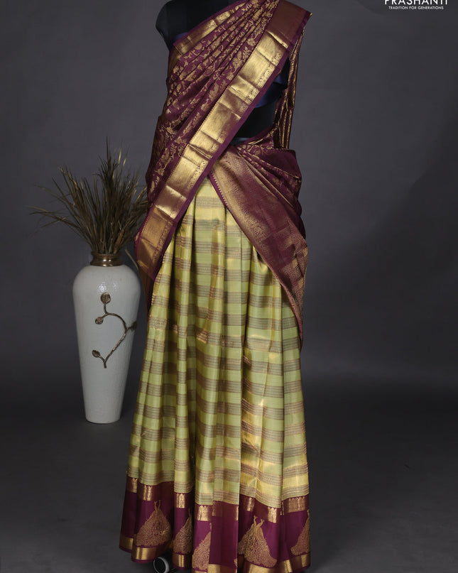 Pure Tissue kanchipuram unstitched silk lehenga pista green and wine shade with allover zari weaves and rettapet zari woven butta border