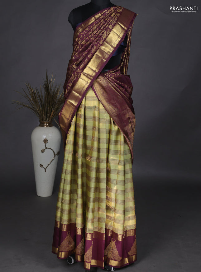 Pure Tissue kanchipuram unstitched silk lehenga pista green and wine shade with allover zari weaves and rettapet zari woven butta border