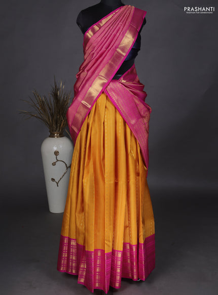 Pure kanchipuram unstitched silk lehenga mustard yellow and pink with allover zari weaves and zari woven border