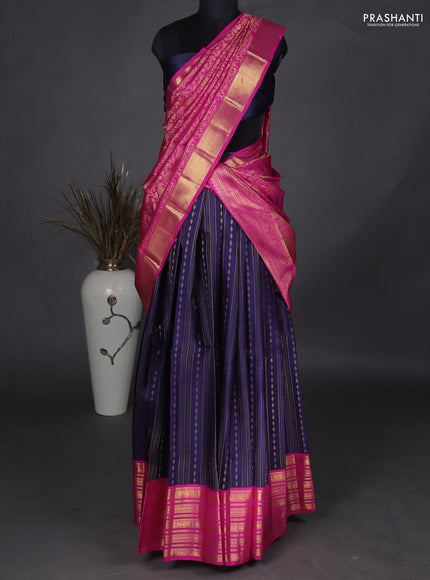Pure kanchipuram unstitched silk lehenga navy blue and pink with allover zari weaves and zari woven border