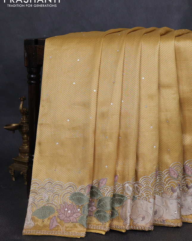 Banarasi silk saree yellow with allover zari weaves & sequin work and embroidery border
