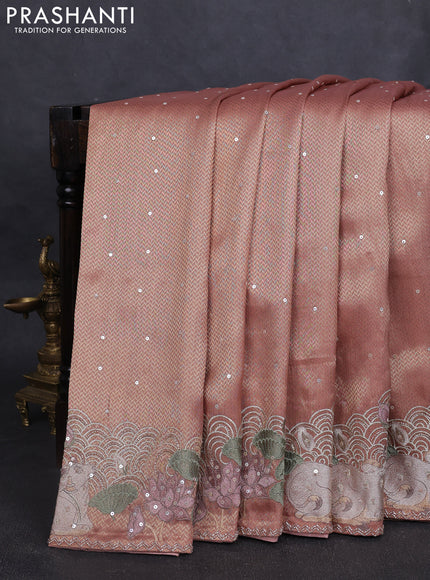Banarasi silk saree peach shade with allover zari weaves & sequin work and embroidery border