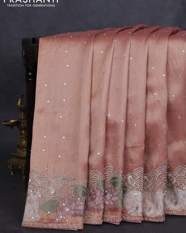 Banarasi silk saree peach shade with allover zari weaves & sequin work and embroidery border