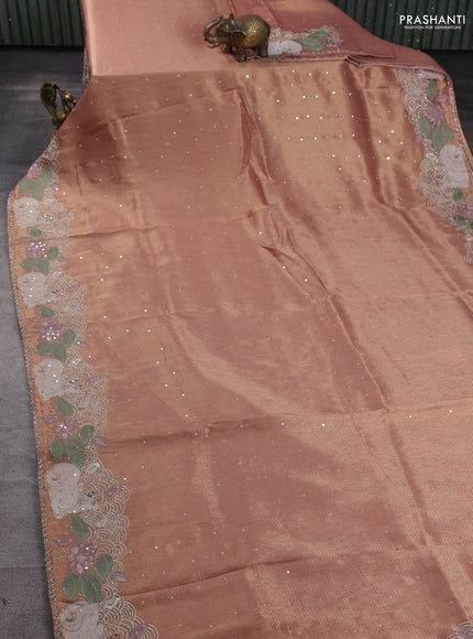Banarasi silk saree peach shade with allover zari weaves & sequin work and embroidery border